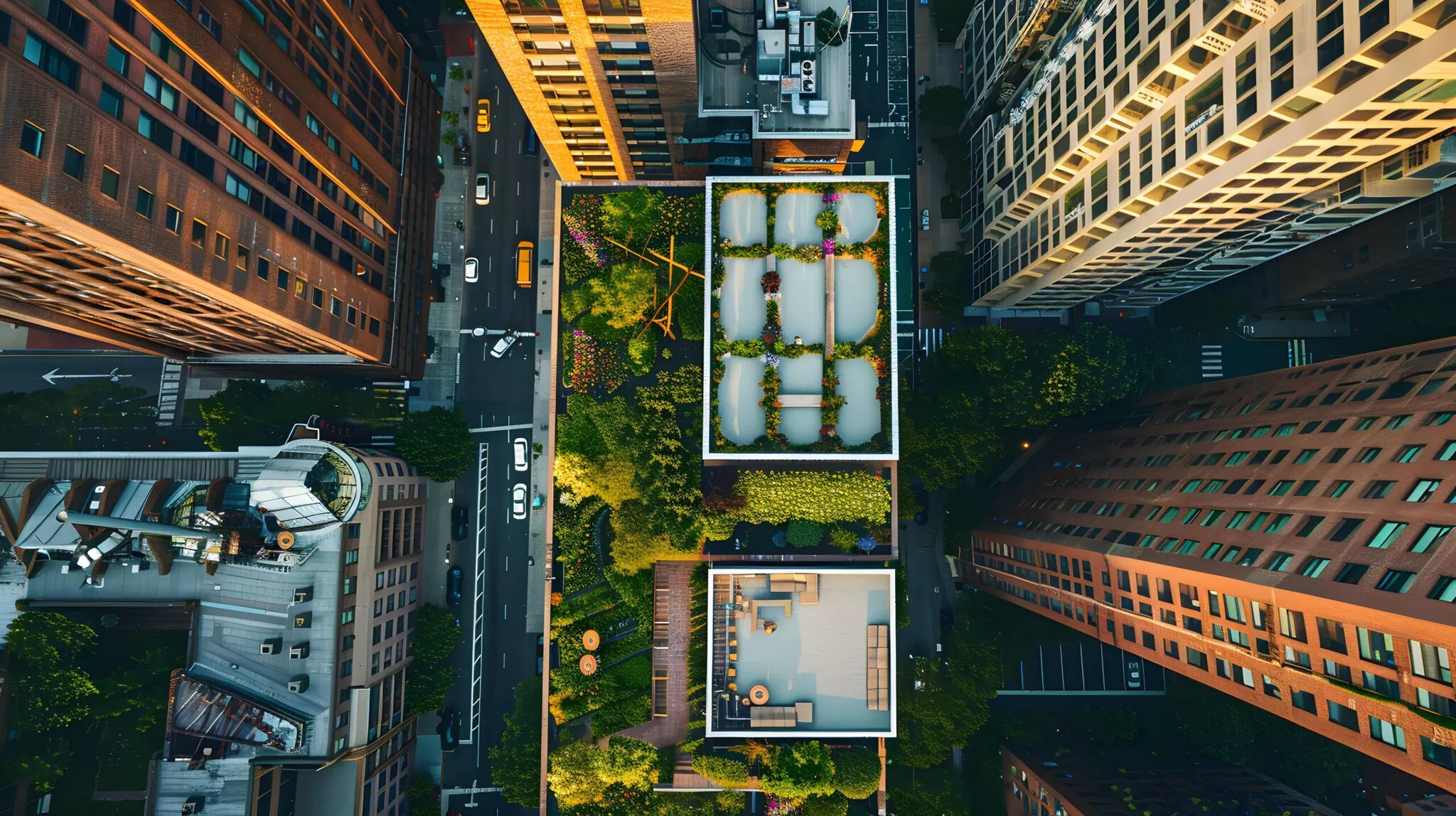 Aerial view of a rooftop garden on top of a building in the city