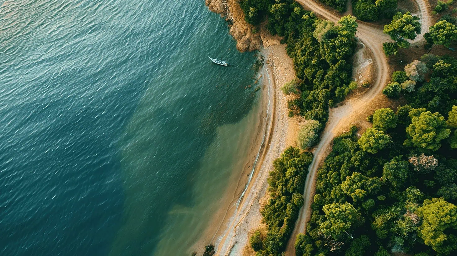 Aerial view of a pristine sandy shoreline lined with lush green trees, featuring a winding dirt path and a small boat floating on the clear blue-green water—a perfect real estate gem that offers tranquility and stunning natural beauty.