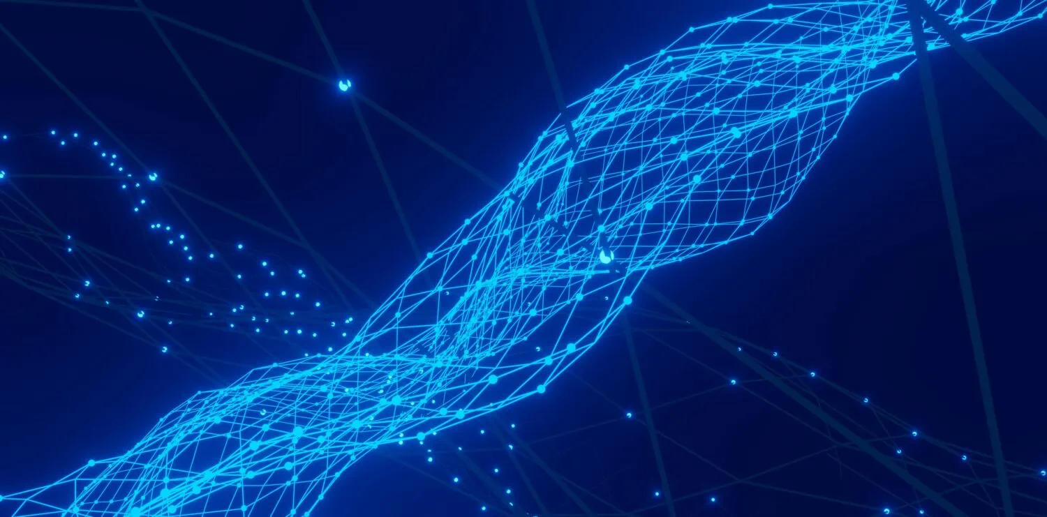 A digital blue mesh-like structure intertwines over a dark background, resembling a network or abstract data visualization, with scattered points of light, reminiscent of an Executive Summary on cutting-edge technology.