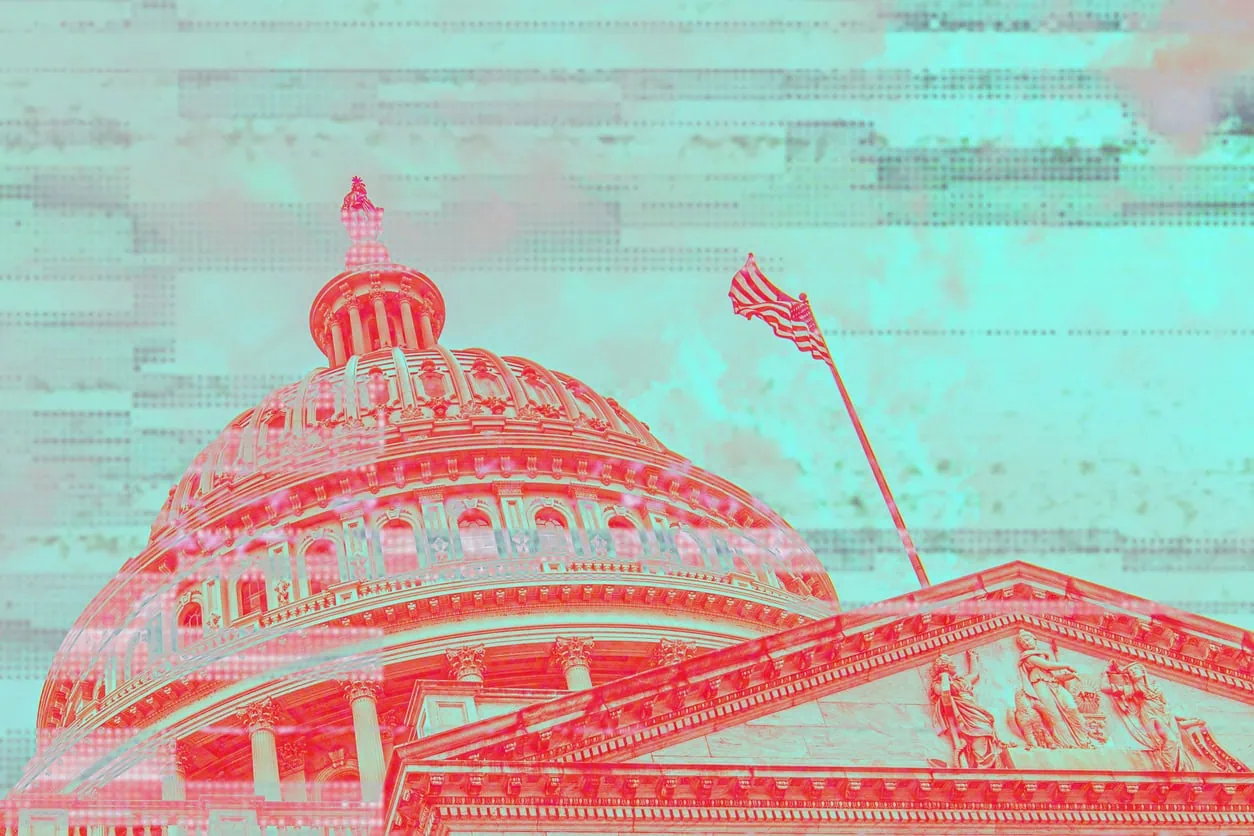 Experience a glitch art masterpiece featuring the U.S. Capitol dome intertwined with an American flag, evoking a sense of "Art of the Deal". The red and teal color distortion adds a dynamic layer to this visual narrative.