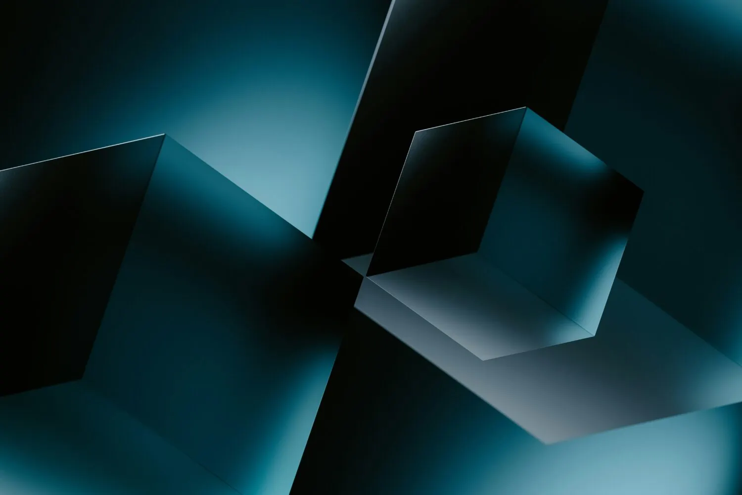 Geometric shapes of cubes and planes with a metallic finish, evoking a comparison to the intricacies of the Yale Model, are illuminated in shades of dark teal and black, creating an abstract composition.