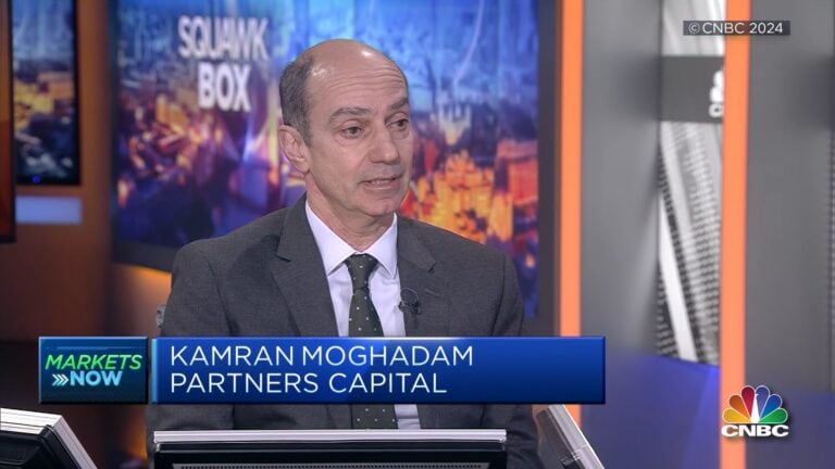 Middle-aged man in a suit being interviewed on CNBC's "Squawk Box Europe," with the caption "Kamran Moghadam, Partners Capital, May 2024" displayed.